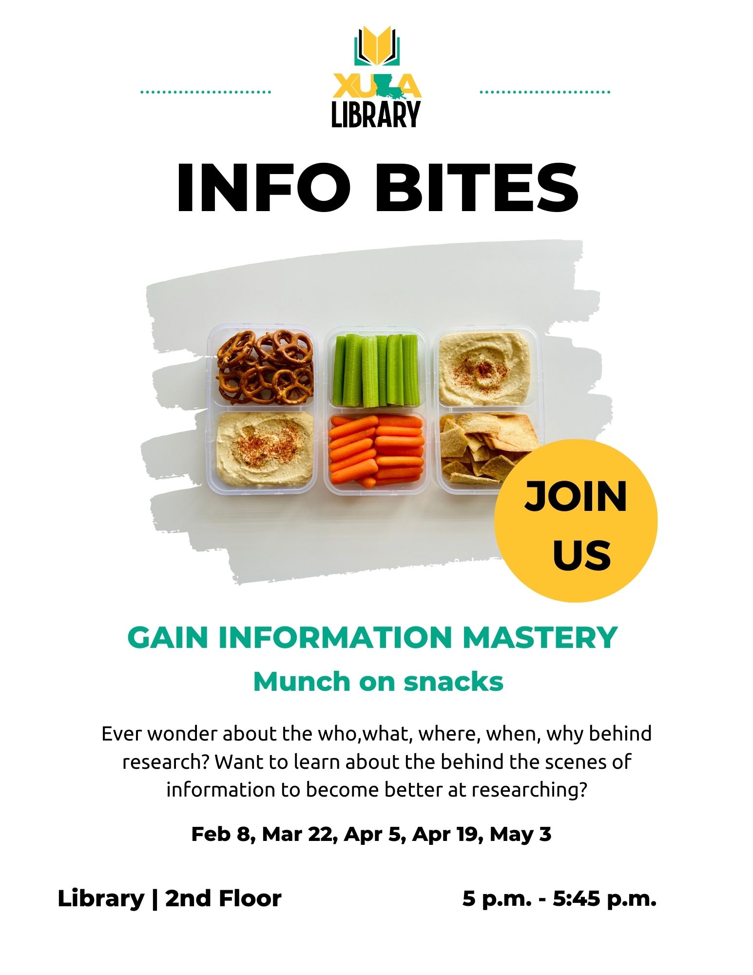 Xula Library presents: Info Bites .. GAIN INFORMATION MASTERY, Munch On Snacks