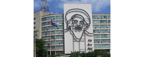 Sculptural outline of Fidel Castro on the side of a building in Havana, Cuba
