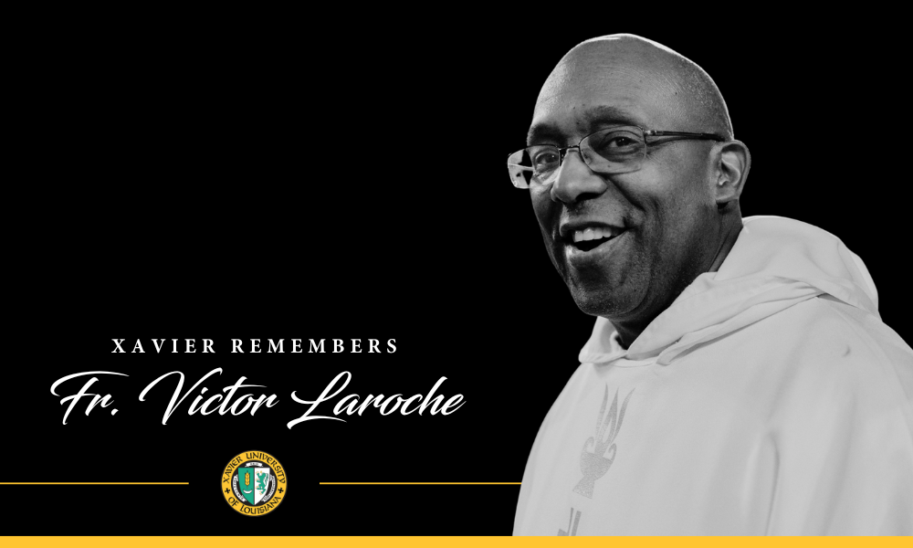 Graphic of Father Victor Roche with words "Xavier Remembers Father Victor Laroche"