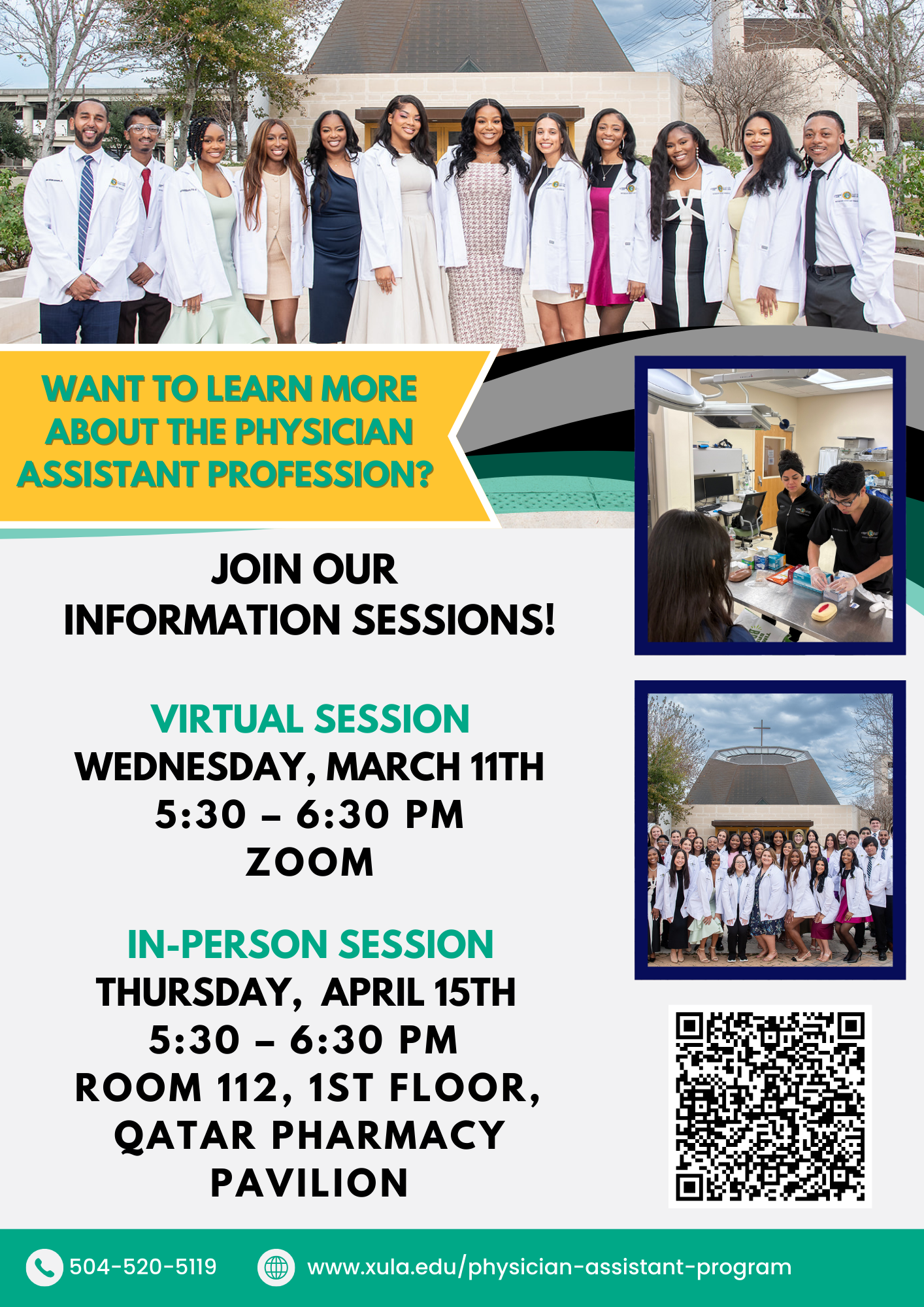 Flyer promoting physician assistant information sessions, featuring students in white coats and details for a Zoom session on March 11 and an in-person session on April 15, with a QR code for more information.